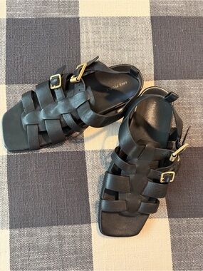 Free People Black Woven Leather Buckle Sandals with Gold Buckles